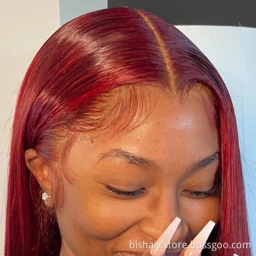 Brazilian 99J Bone Straight Human Hair Wine Red Transparent Lace Closed 13X4X1Straight Lace Former Human Hair Wig Remy Wholesale
